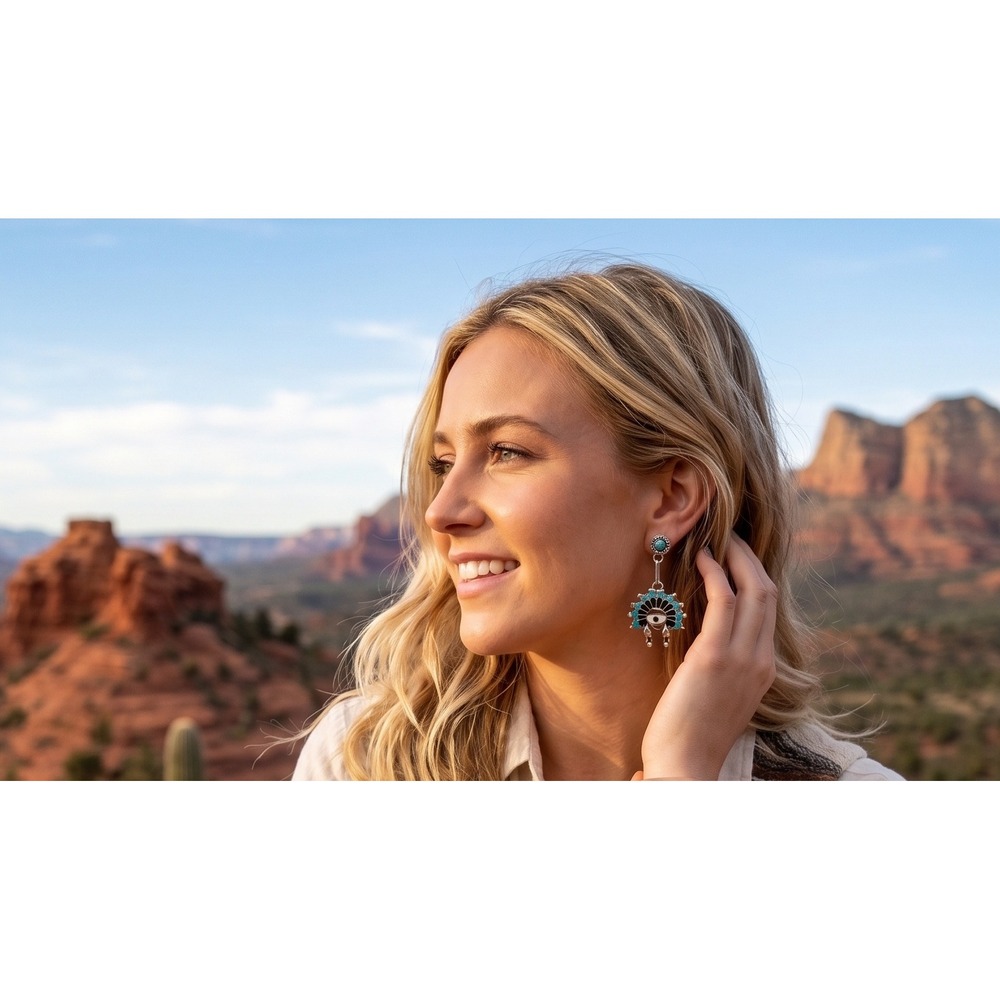 Zuni Earrings Native American Handmade Jewelry Turquoise Southwest Motif **
